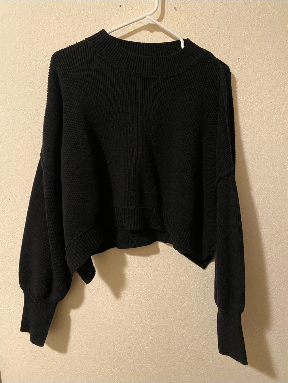 Free People Black Cropped Crewneck Sweater